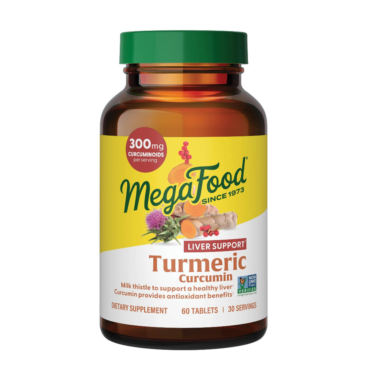 MegaFood Turmeric, botella vertido, ideal para consumo diario con agua.