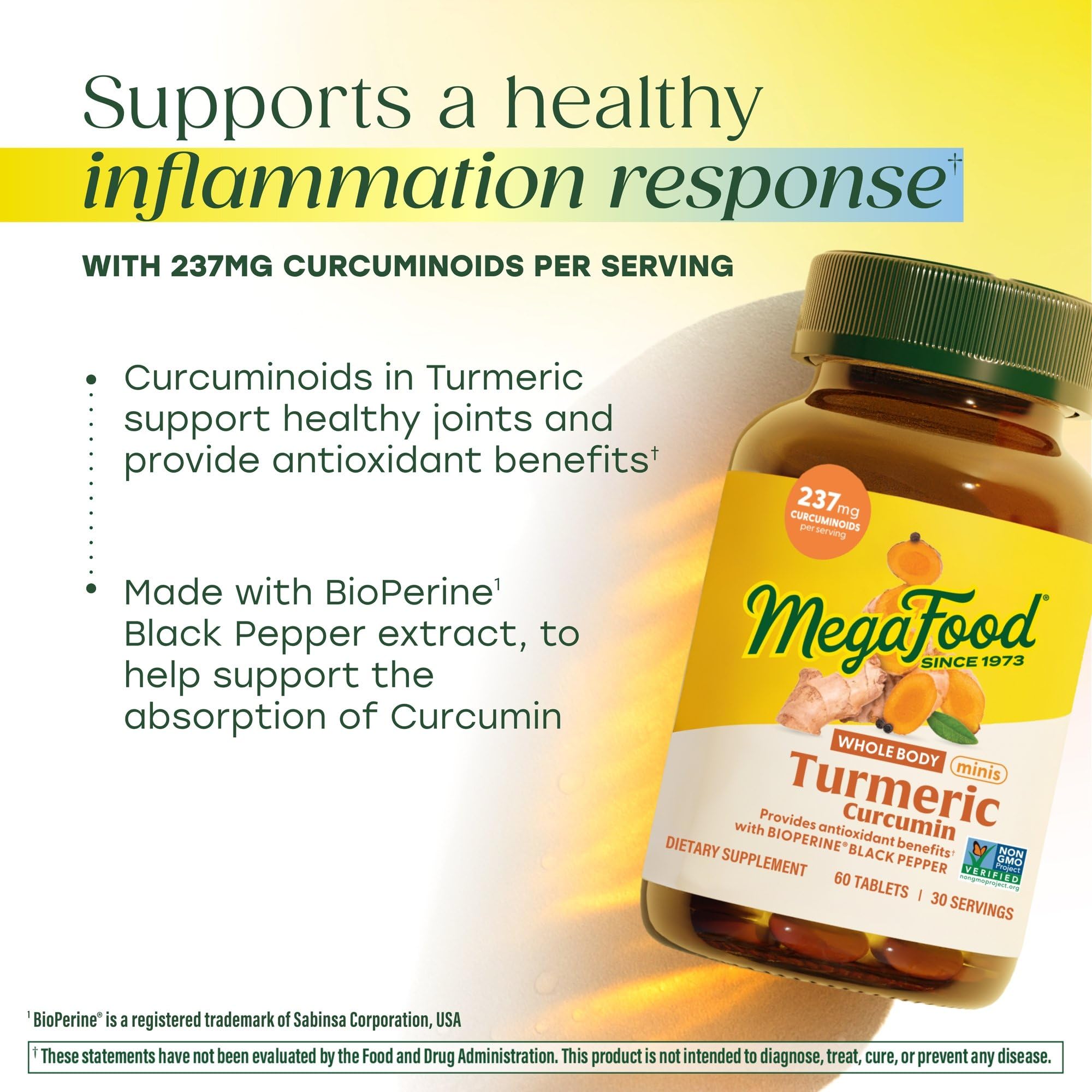 Etiqueta BioPerine en MegaFood Turmeric Minis para apoyar la absorción.