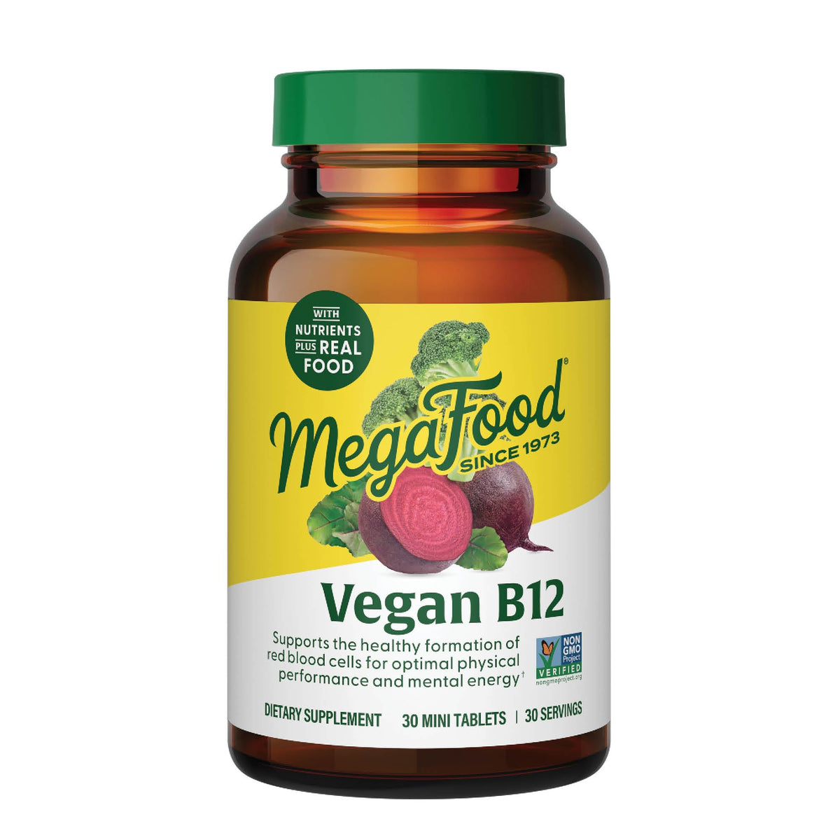 MegaFood Vegan B12 tableta mini en envase para energía diaria.