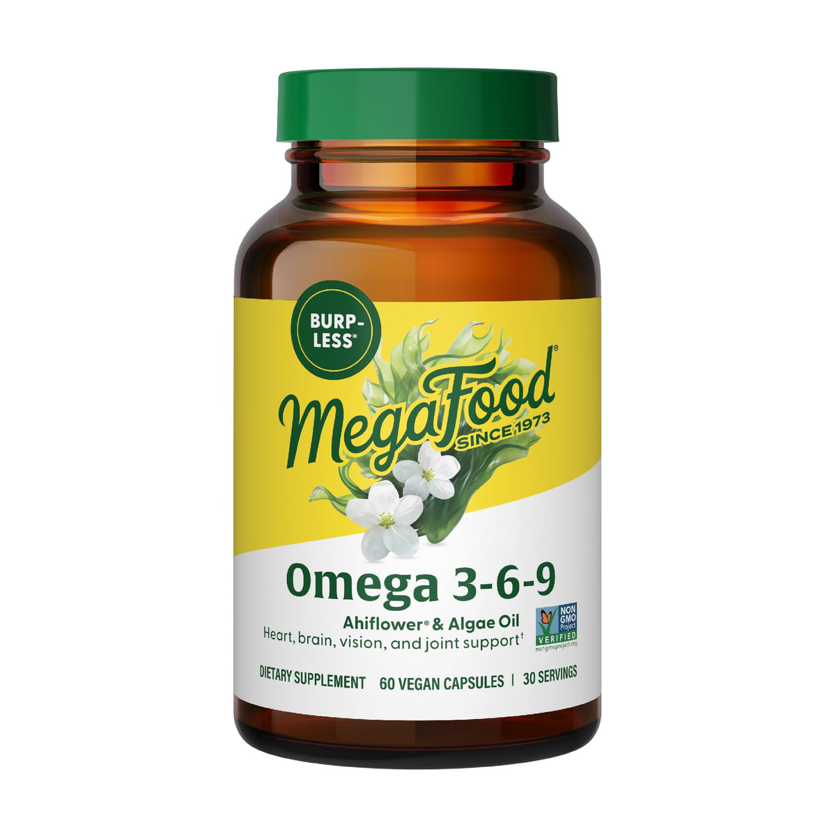 MegaFood Vegan Omega 3-6-9, botella destacando la fórmula vegetal para el corazón.