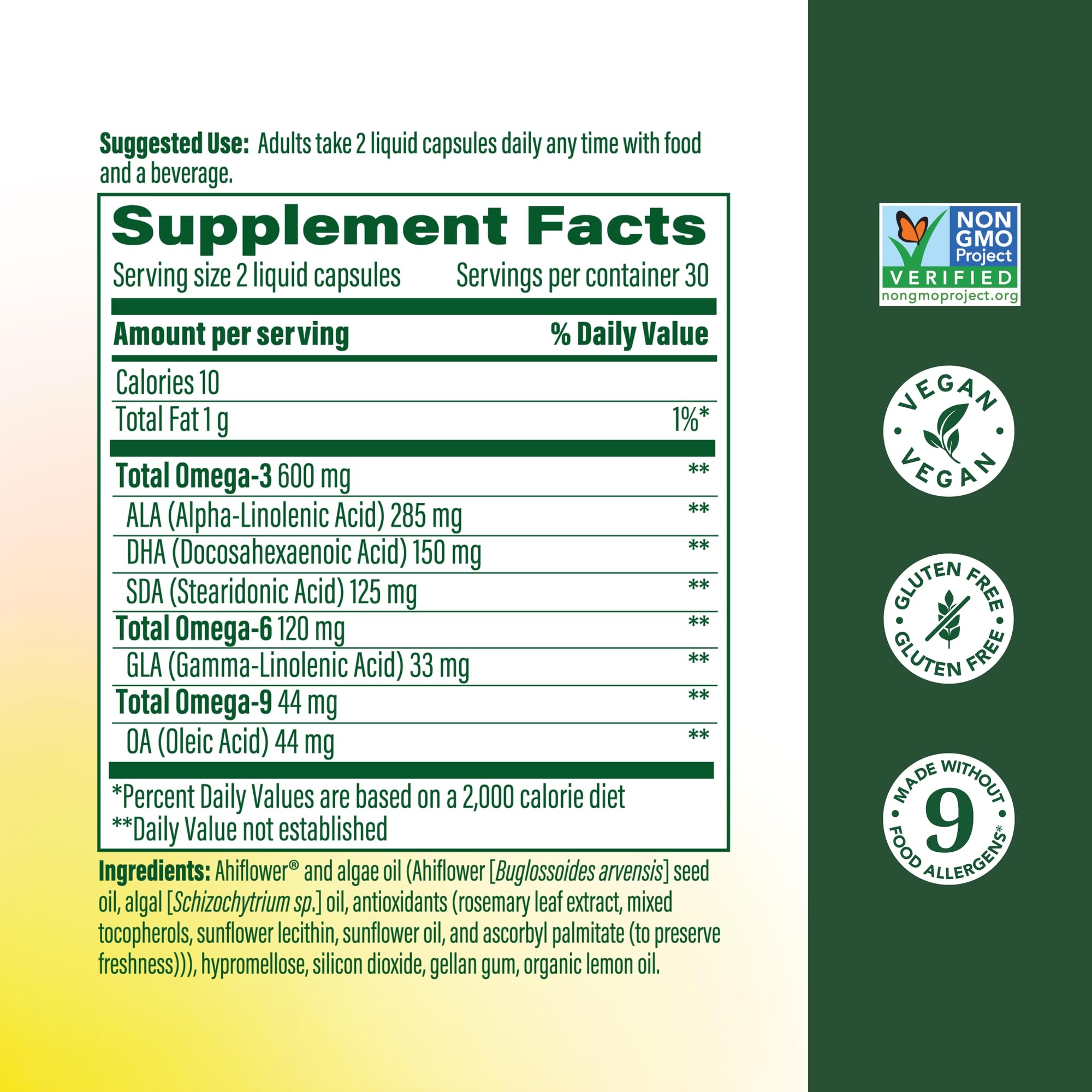 MegaFood Vegan Omega 3-6-9, cápsulas y porciones para uso diario.