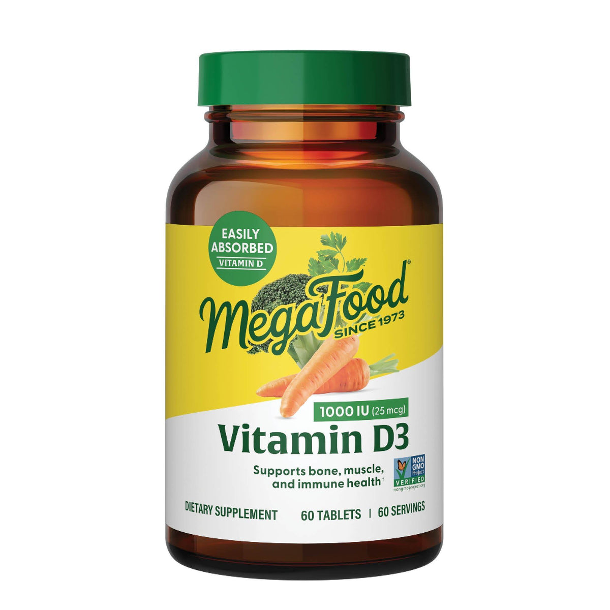 MegaFood Vitamina D3 1000 UI, frasco frontal, apoyo a huesos y músculos.