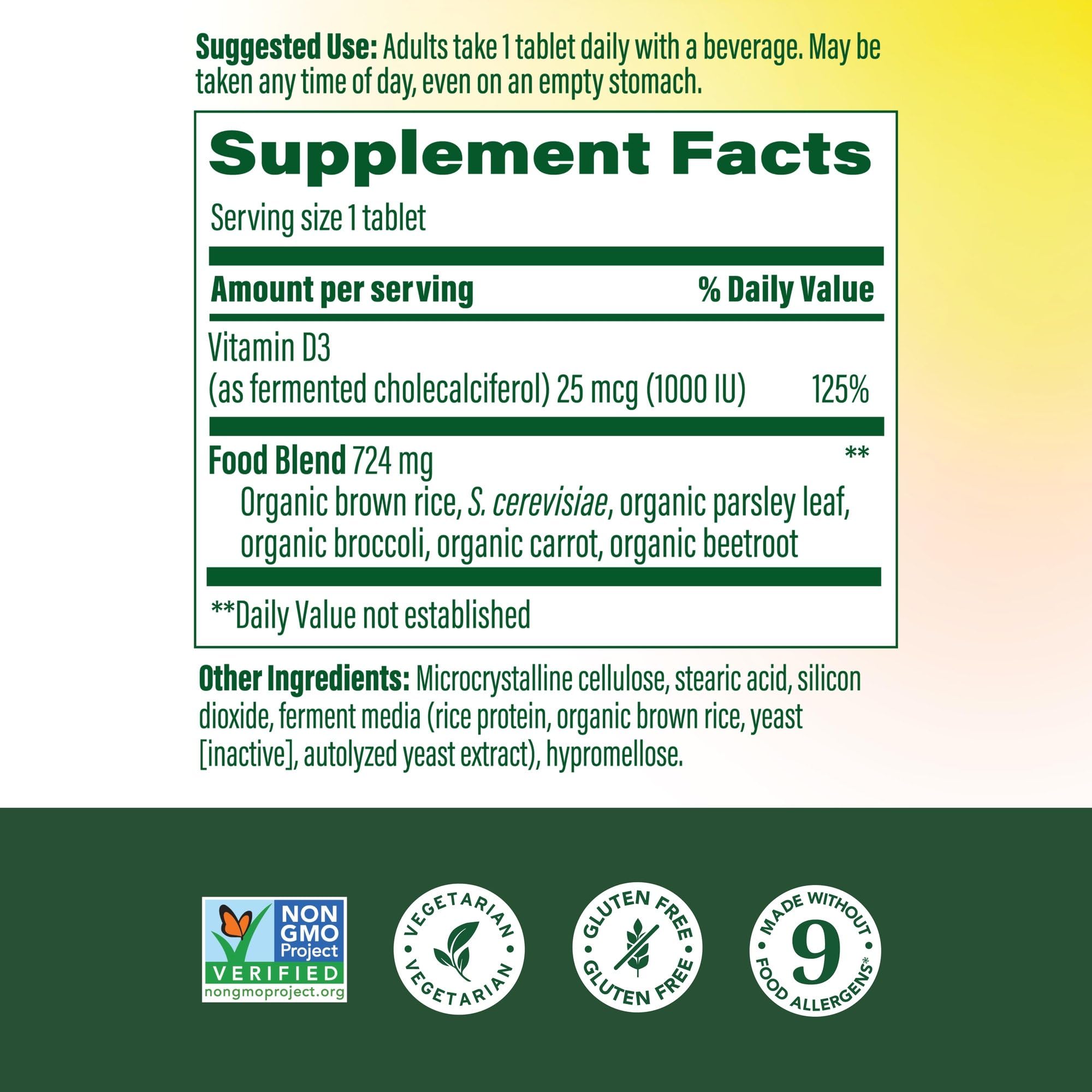 Etiqueta frontal de MegaFood Vitamina D3 1000 UI con información clara.