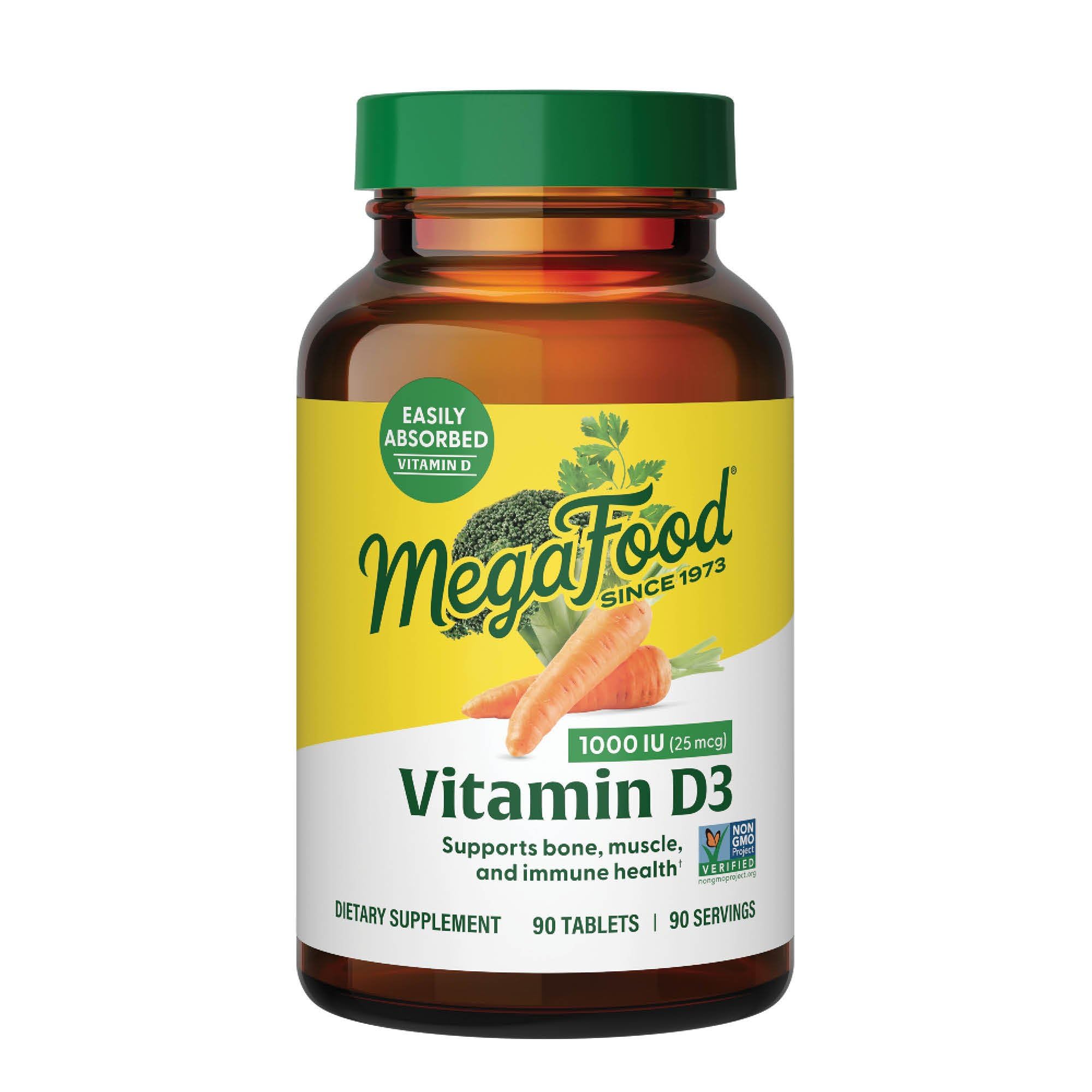 MegaFood Vitamina D3 1000 UI en frasco para soporte óseo e inmunitario.