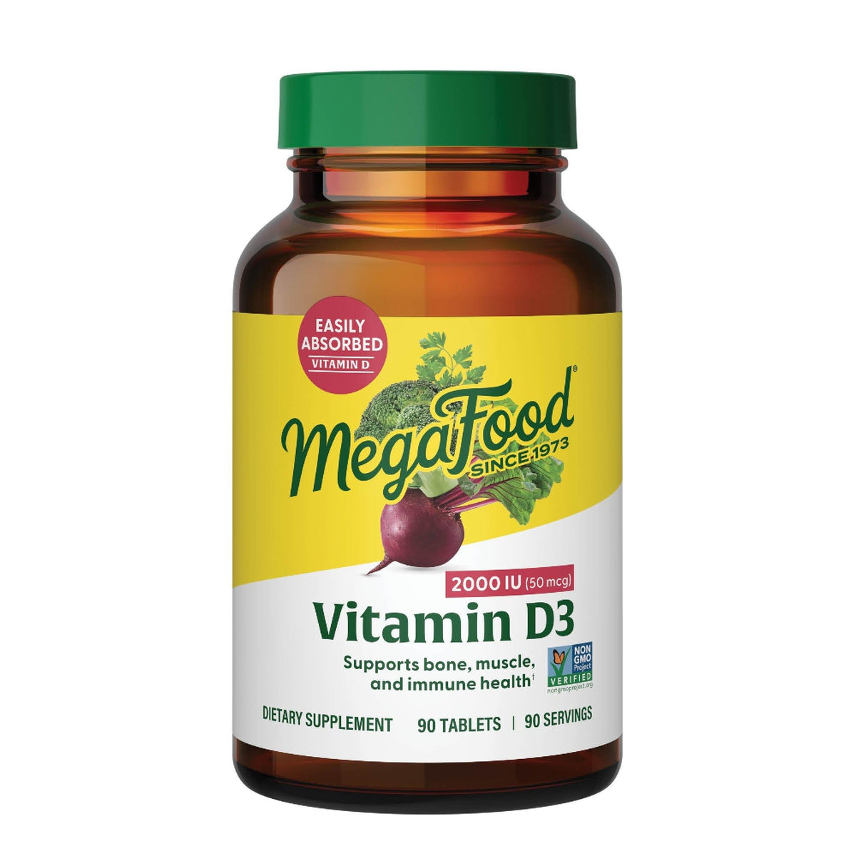 MegaFood Vitamina D3 2000 IU: caja con tabletas para apoyo óseo y dental