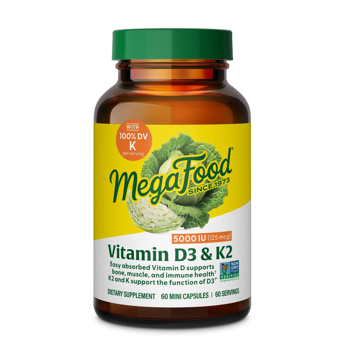 MegaFood Vitamin D3 5000 UI con K2, cápsulas para apoyo potencial de huesos