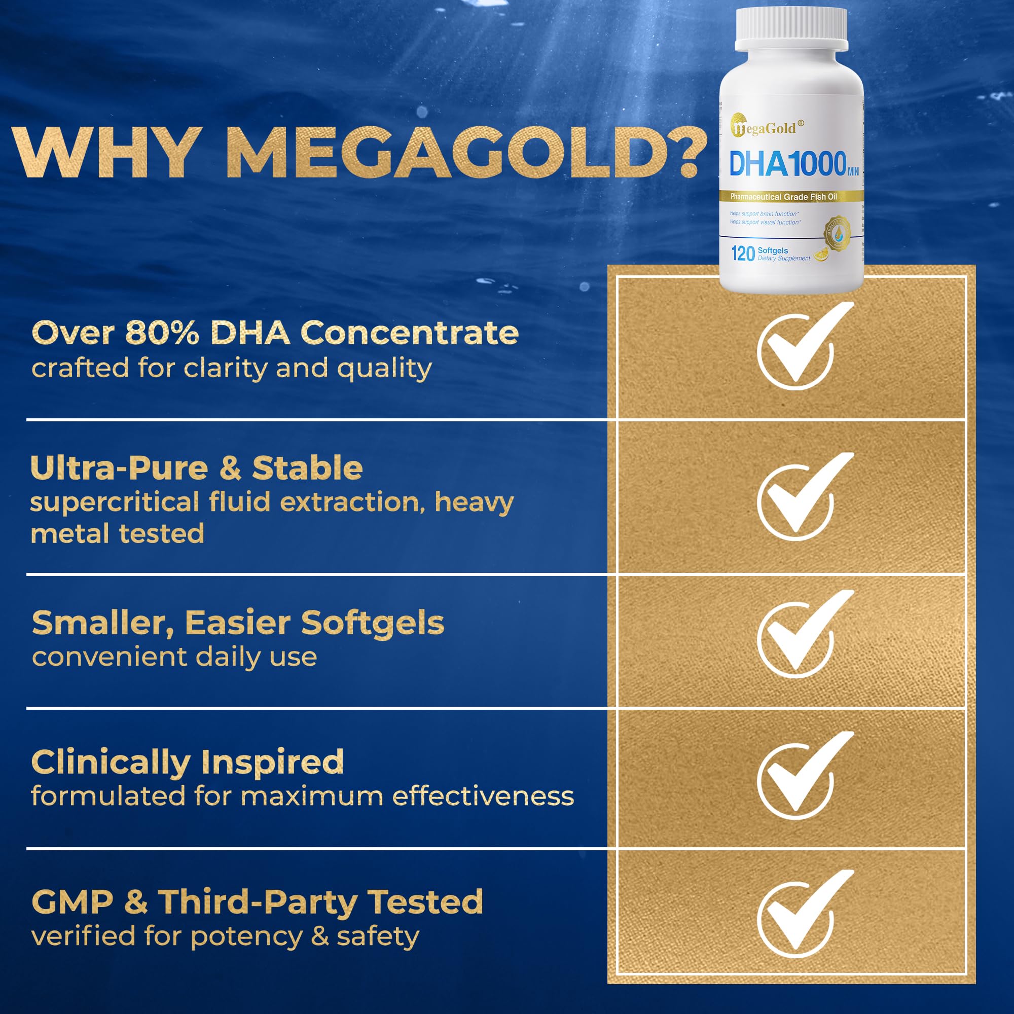 Megagold DHA1000, posible apoyo para salud cerebral y visual.