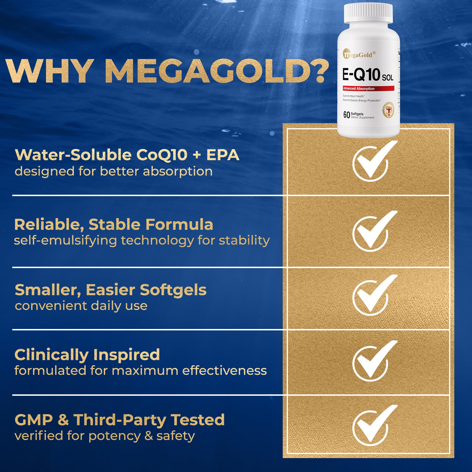Producto MegaGold E-Q10 Sol para uso diario y bienestar diario.