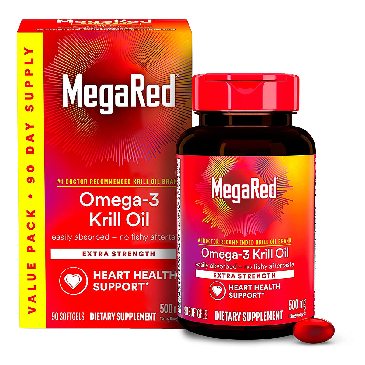 MegaRed Aceite de Krill Antártico, botella con cápsulas suaves para apoyar la salud cardíaca.