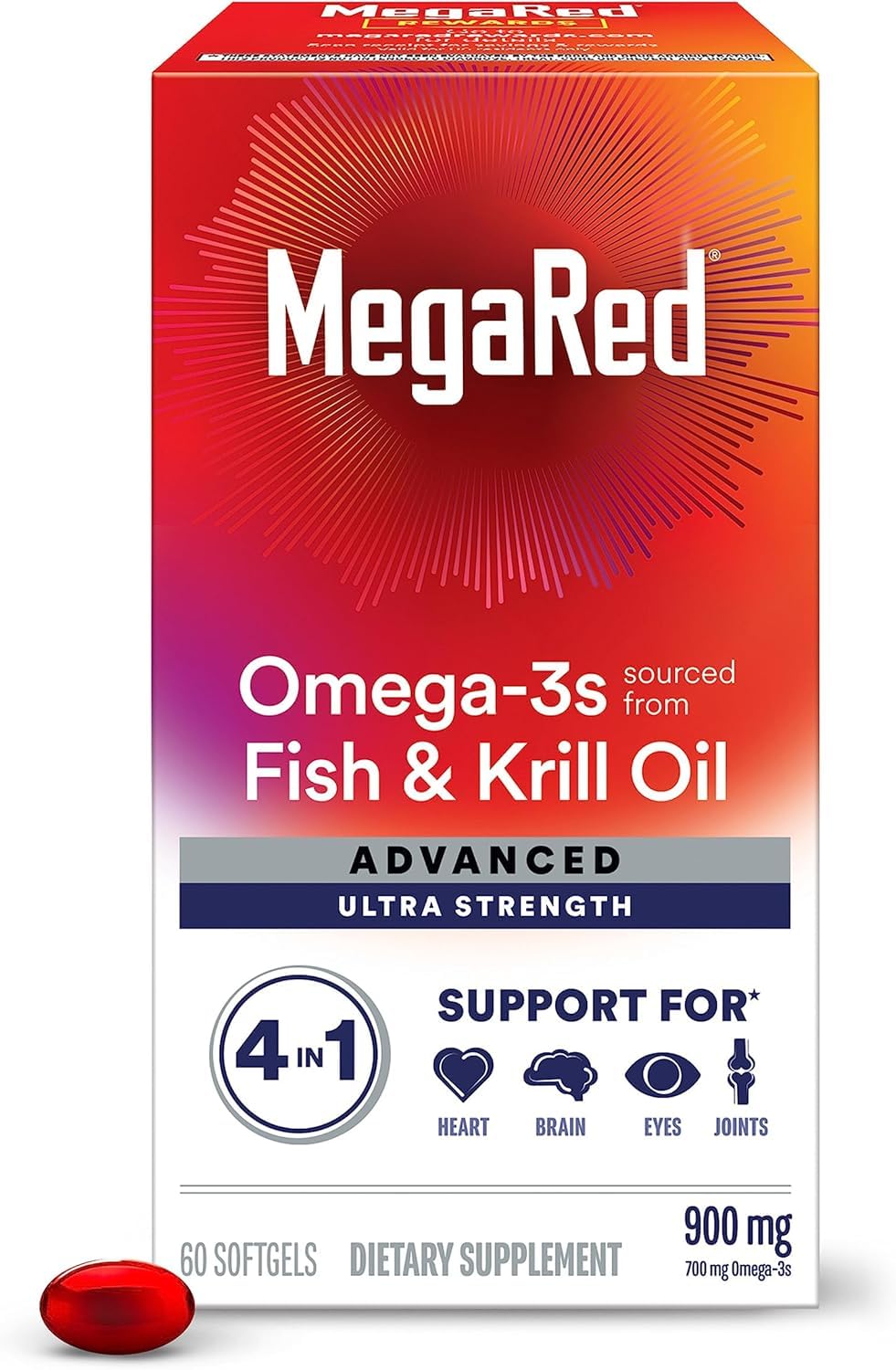 MegaRed Avanzado 4en1 cápsulas blandas, apoyo a la salud cardíaca y al bienestar diario.