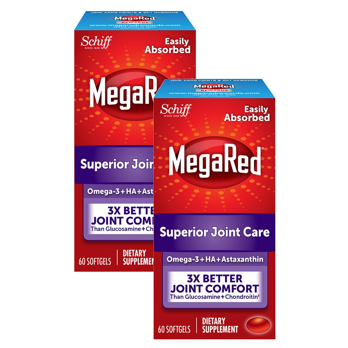 MegaRed Omega-3 Krill cápsulas blandas en botella, posible apoyo a la movilidad diaria.
