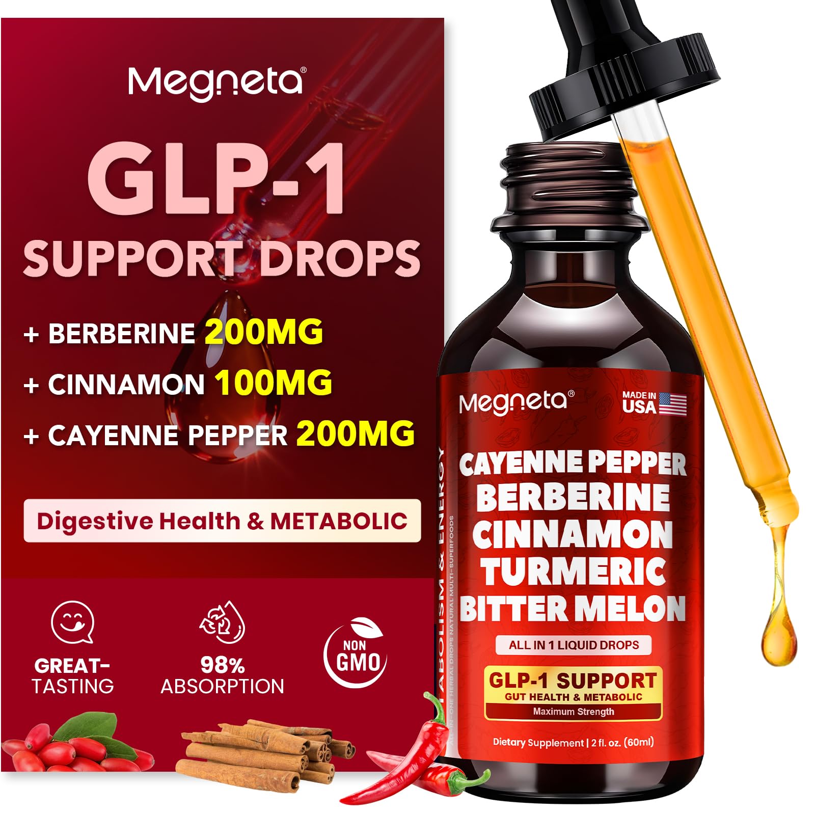 MEGNETA berberina con canela Ceilán: gotas en botella para apoyo digestivo diario.