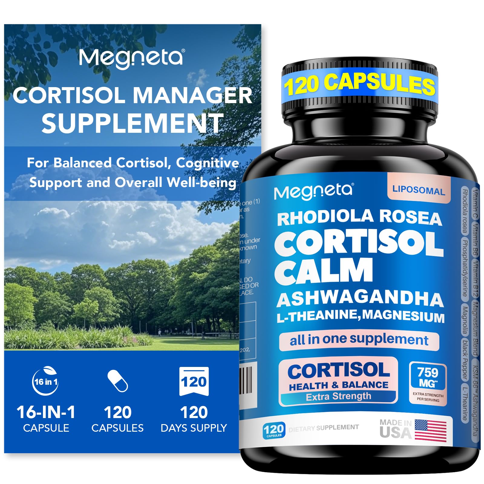 Megneta Cortisol Balance en cápsulas para equilibrio diario y energía sostenida.