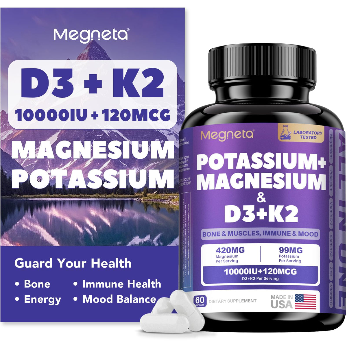 MEGNETA Vitamina D3 K2 en cápsulas para soporte óseo y energía diaria.