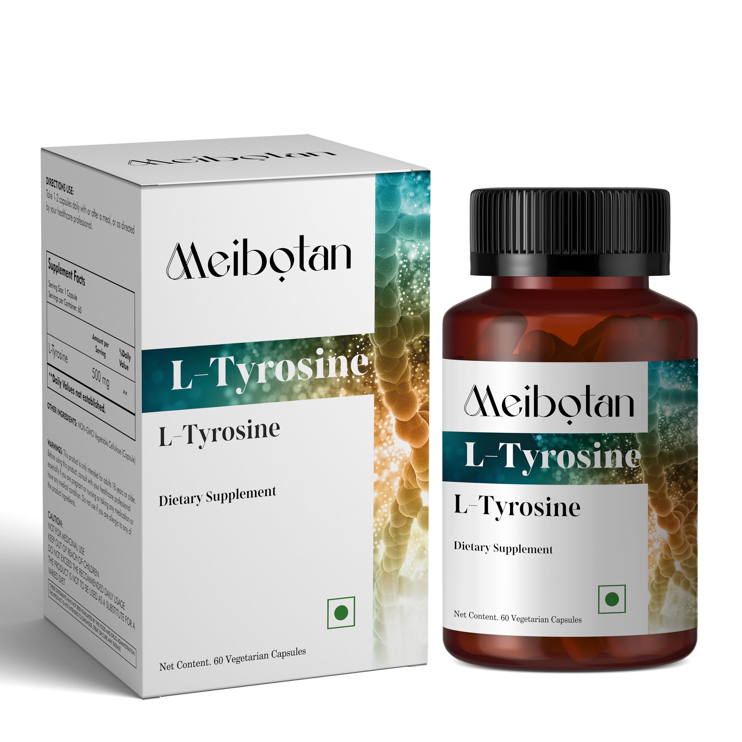 MEIBOTAN L Tyrosine 500mg, botella de cápsulas, apoyo a la concentración diaria.