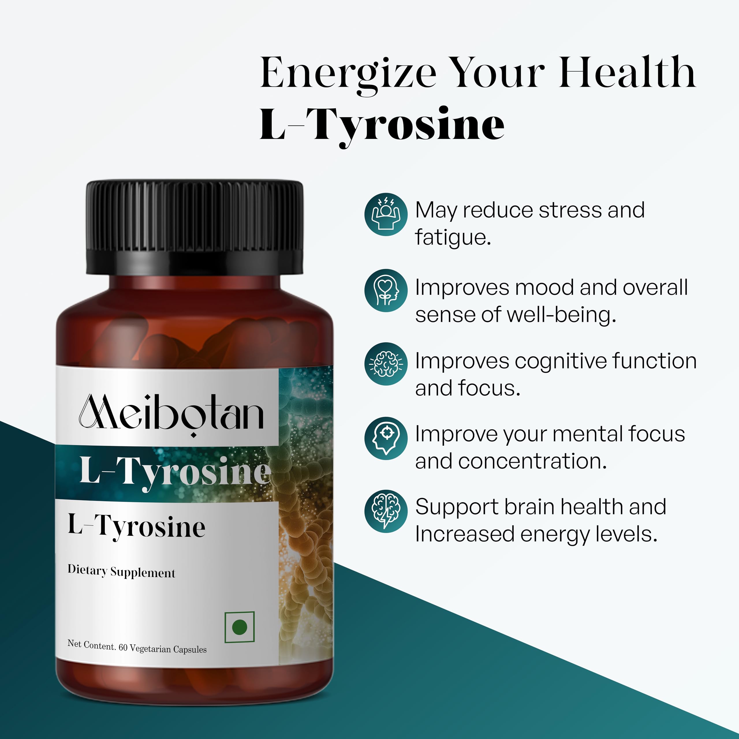 MEIBOTAN L Tyrosine 500mg, etiqueta, fórmula libre de gluten.