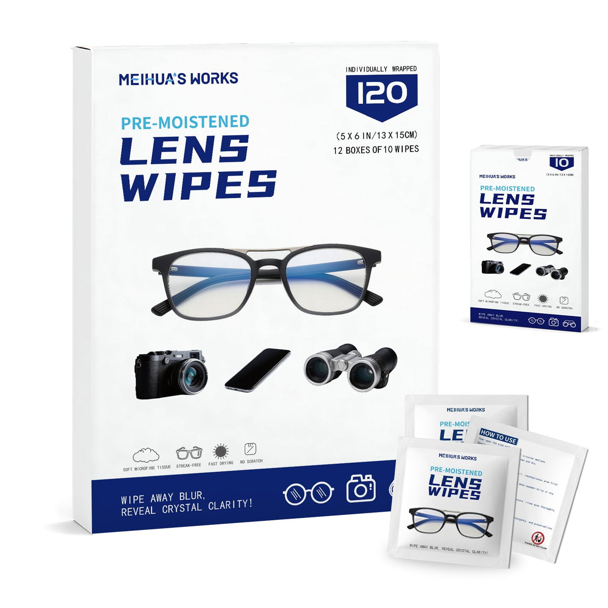 MEIHUA'S WORKS: paquete de 120 toallitas para limpieza de lentes sin rayas.