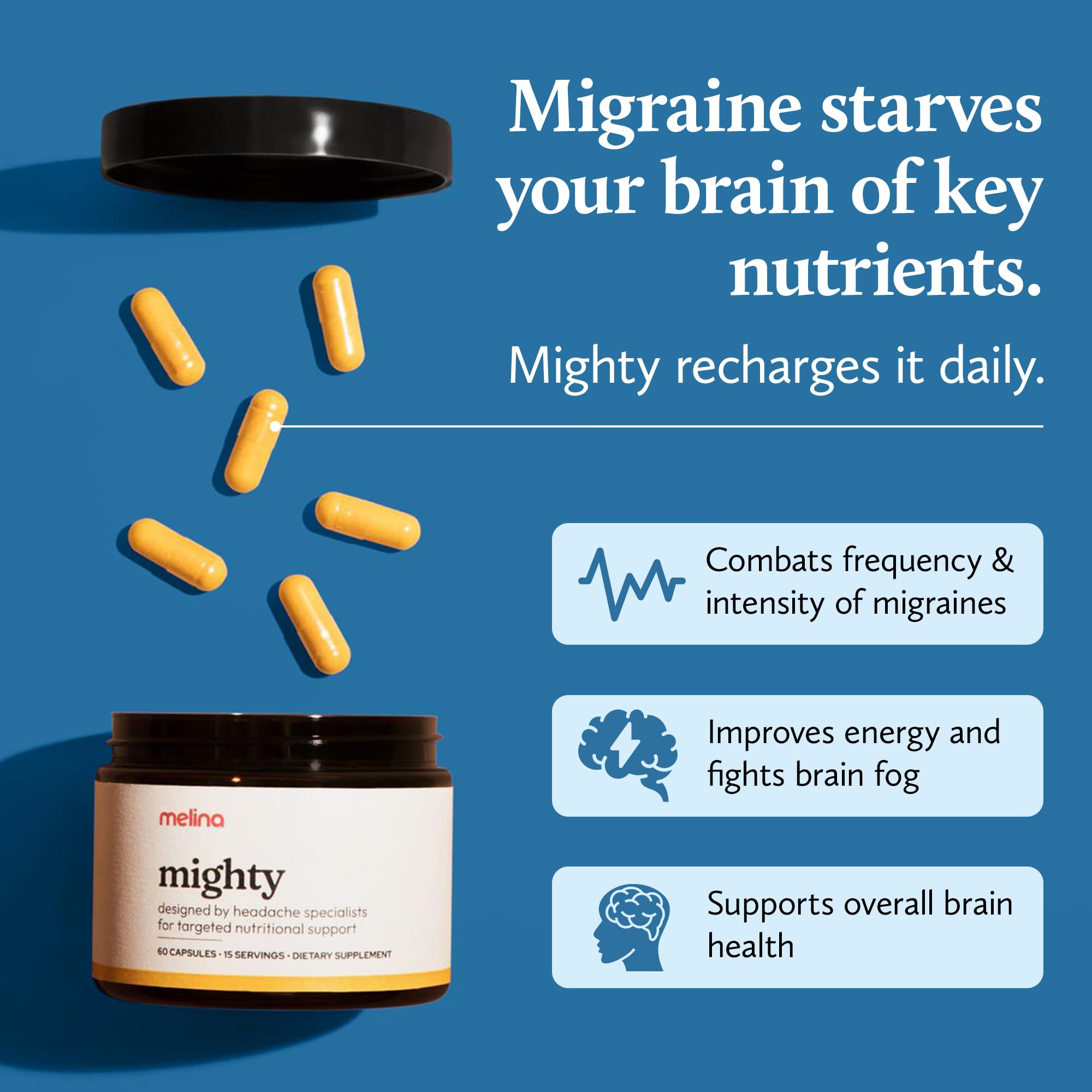 Cápsulas Melina Mighty dentro del frasco, diseño vegano y sin gluten.