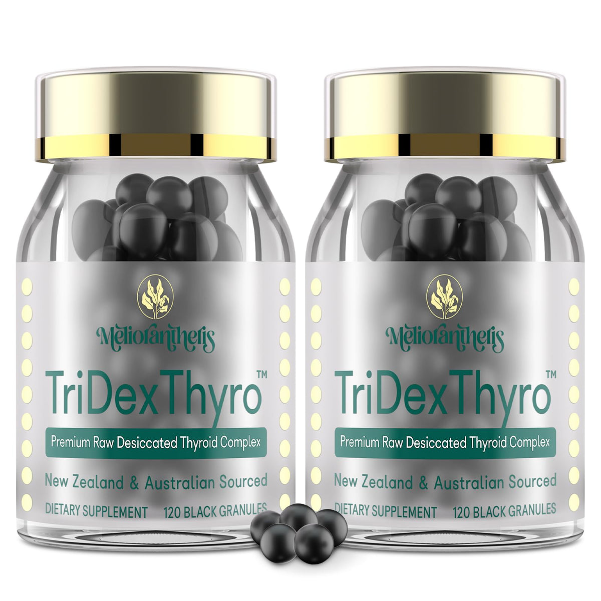 Meliorantheris TriDexThyro, botella visible, soporte diario de bienestar