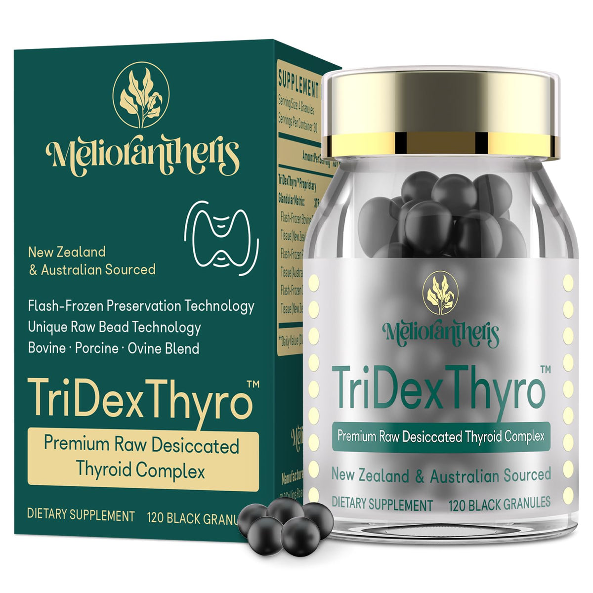 Meliorantheris TriDexThyro frasco de cápsulas, fácil toma diaria para energía sostenida.