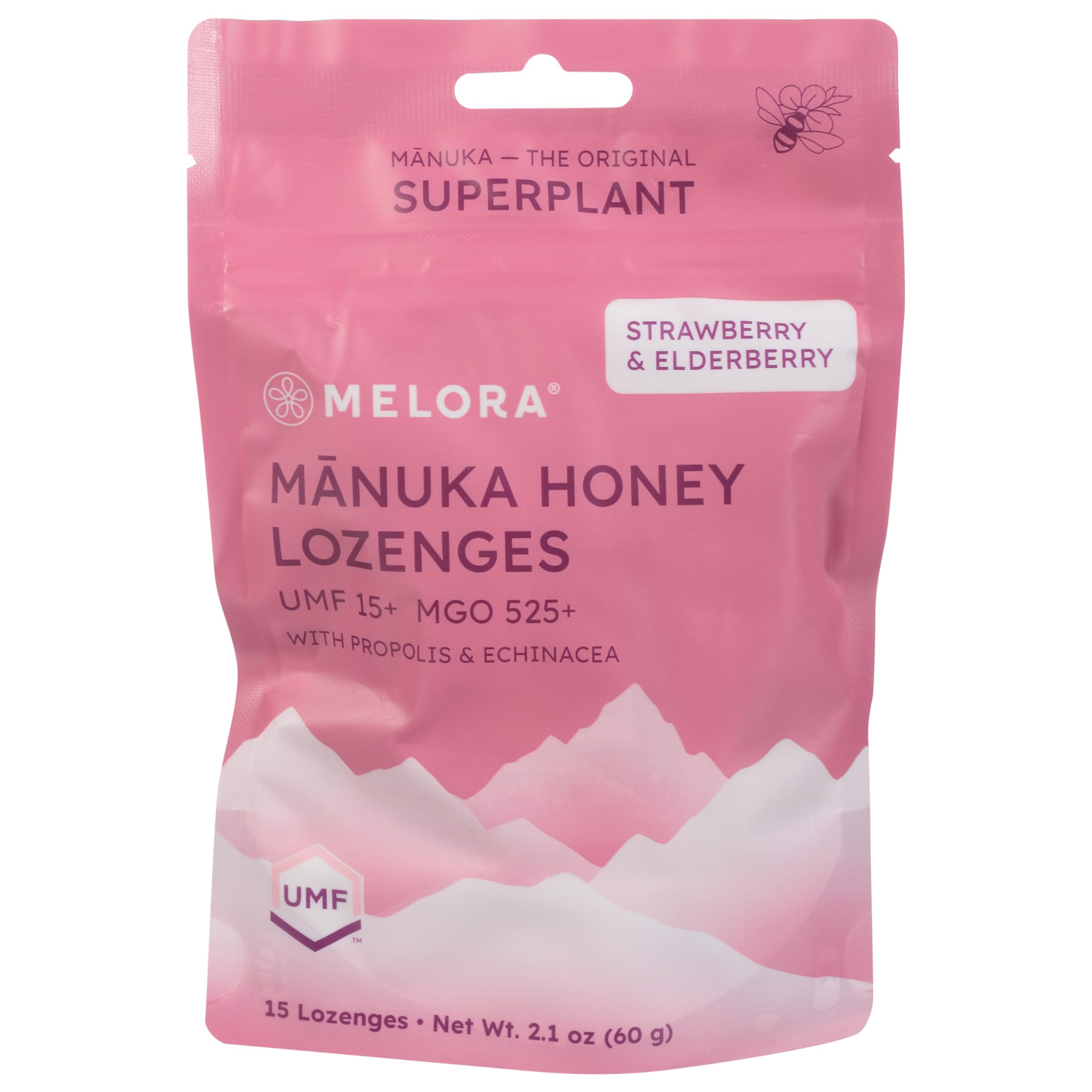 Pastillas Melora de miel Manuka con fresa y saúco para aliviar irritación de garganta