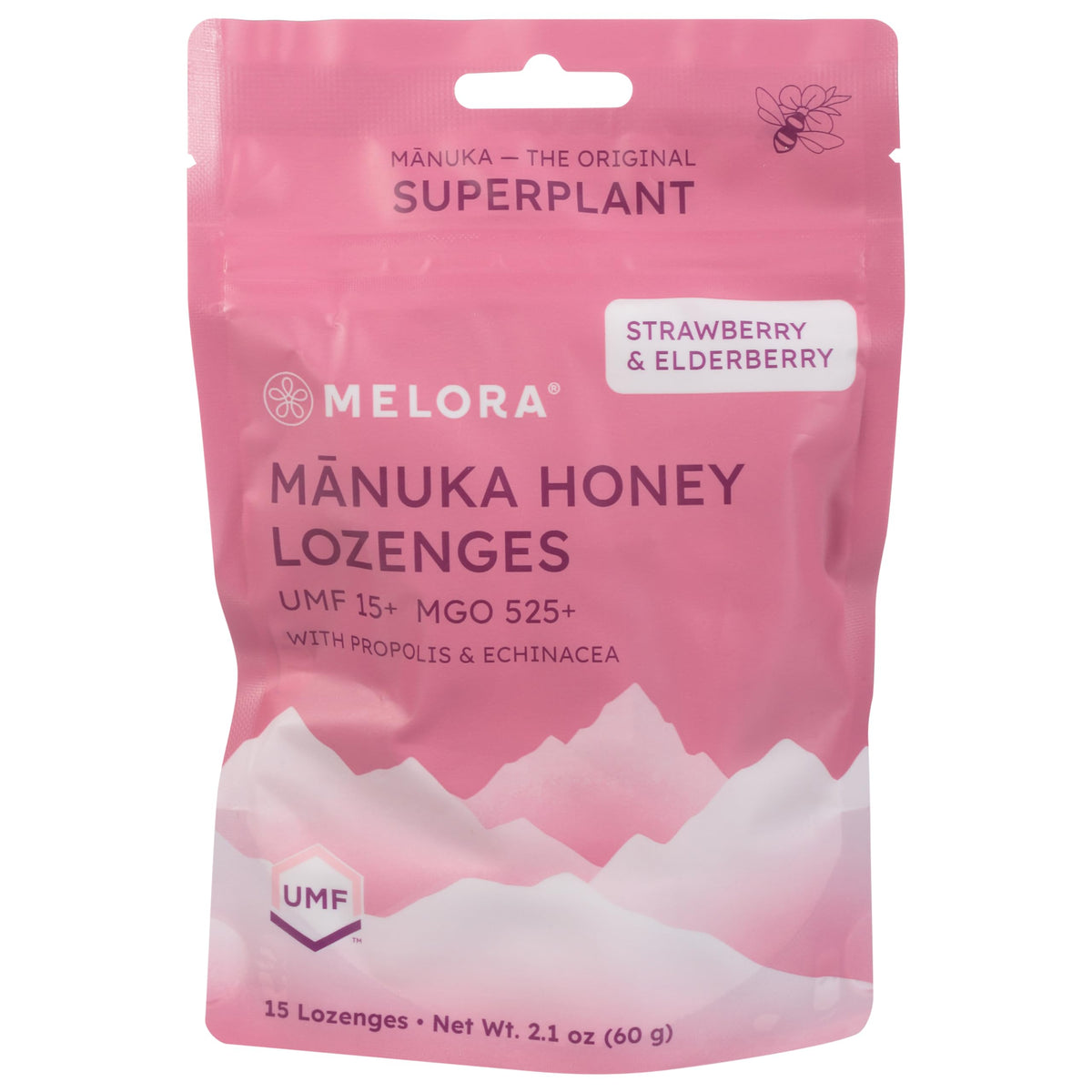Pastillas Melora de miel Manuka con fresa y saúco para aliviar irritación de garganta