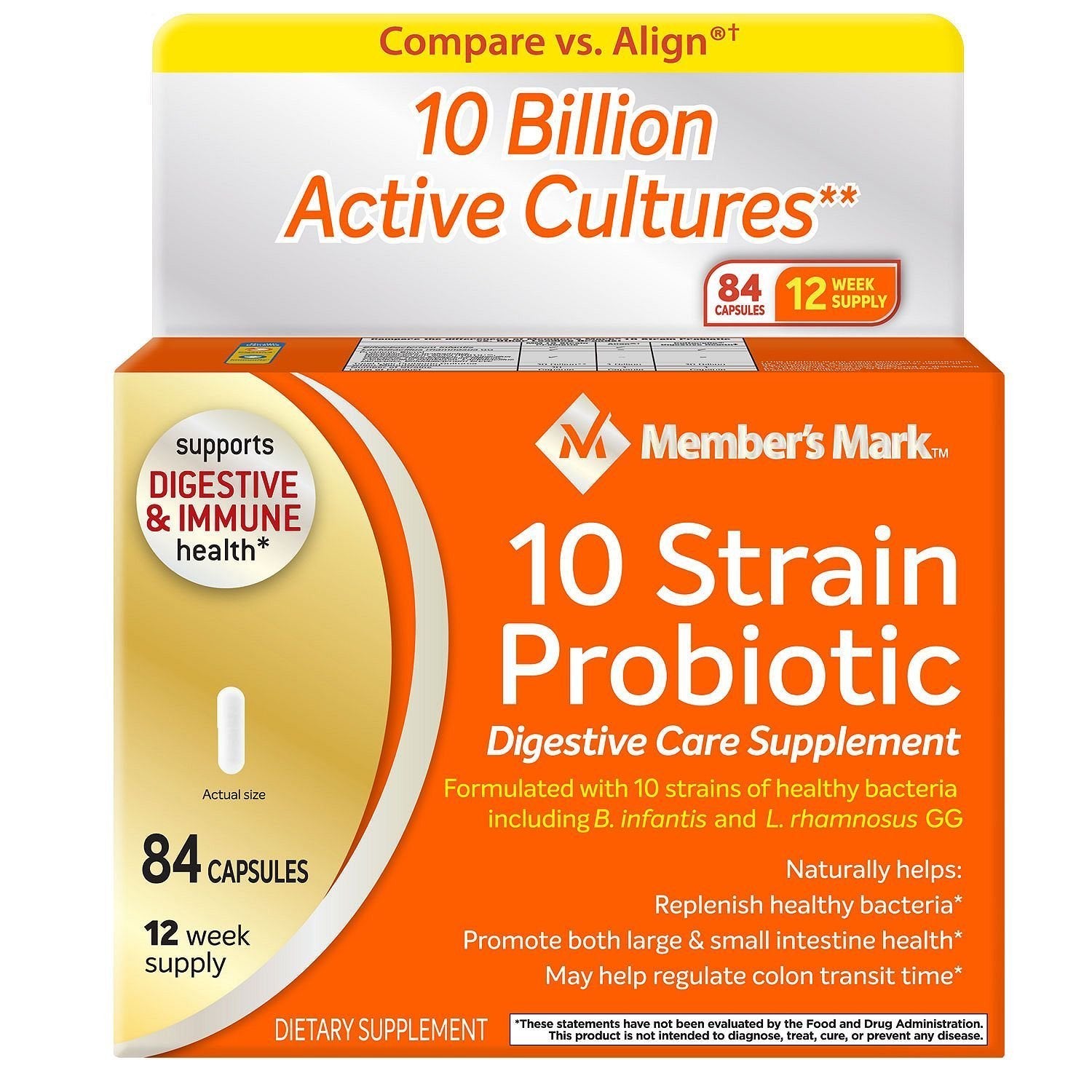 Member's Mark 5X Probiotic, botella frontal para apoyo digestivo diario.