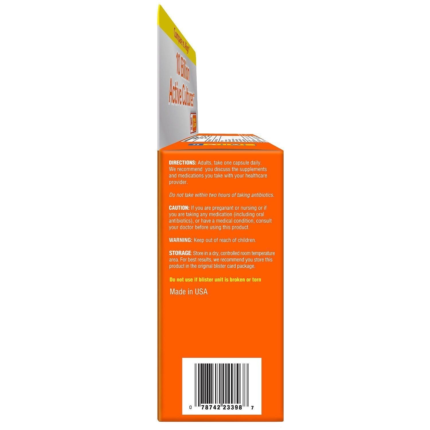 Member's Mark 5X Probiotic, etiqueta clara con información de cepas y dosis.