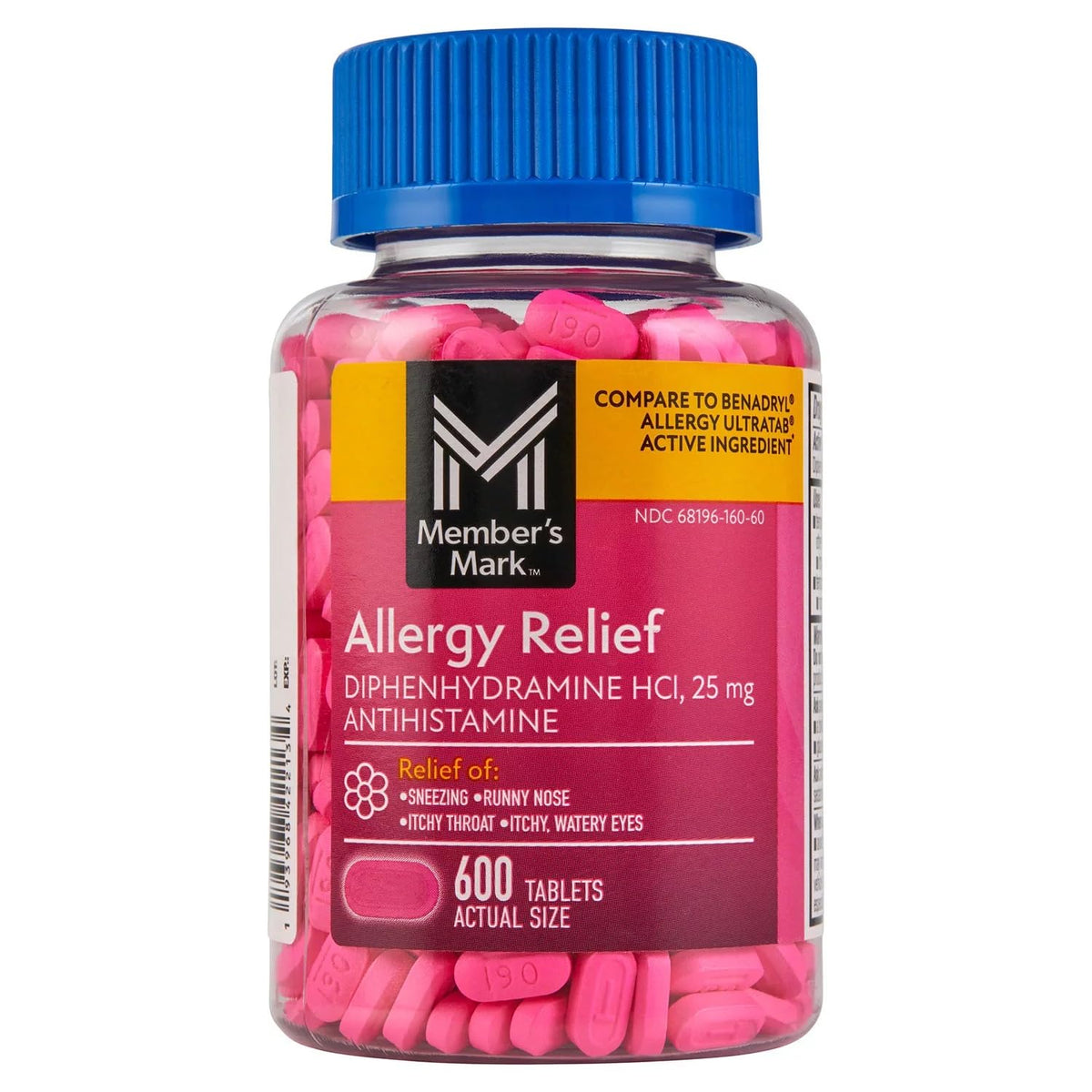 Member's Mark botella con tabletas de difenhidramina 25 mg para aliviar alergias.