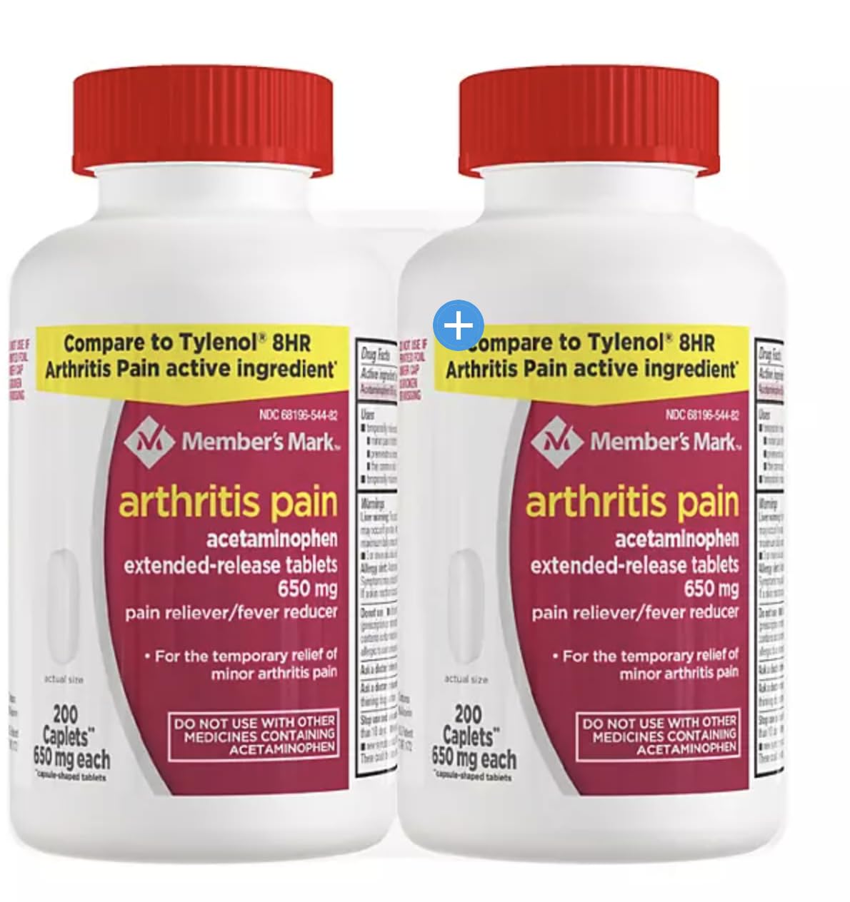 Member's Mark empaque doble con cápsulas de 650 mg para alivio temporal