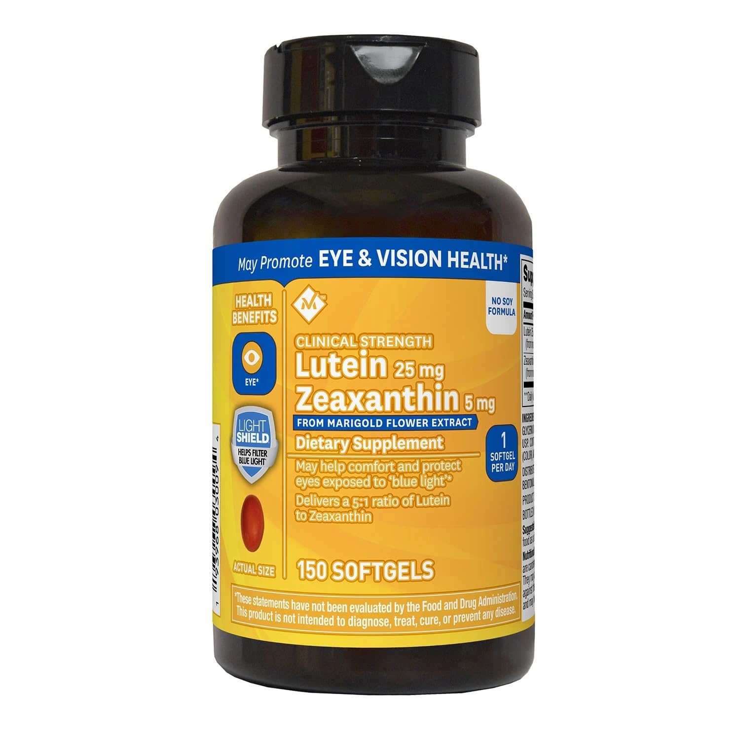 MEMBER'S MARK Luteína 25 mg y Zeaxantina 5 mg, botella con cápsulas para uso diario.