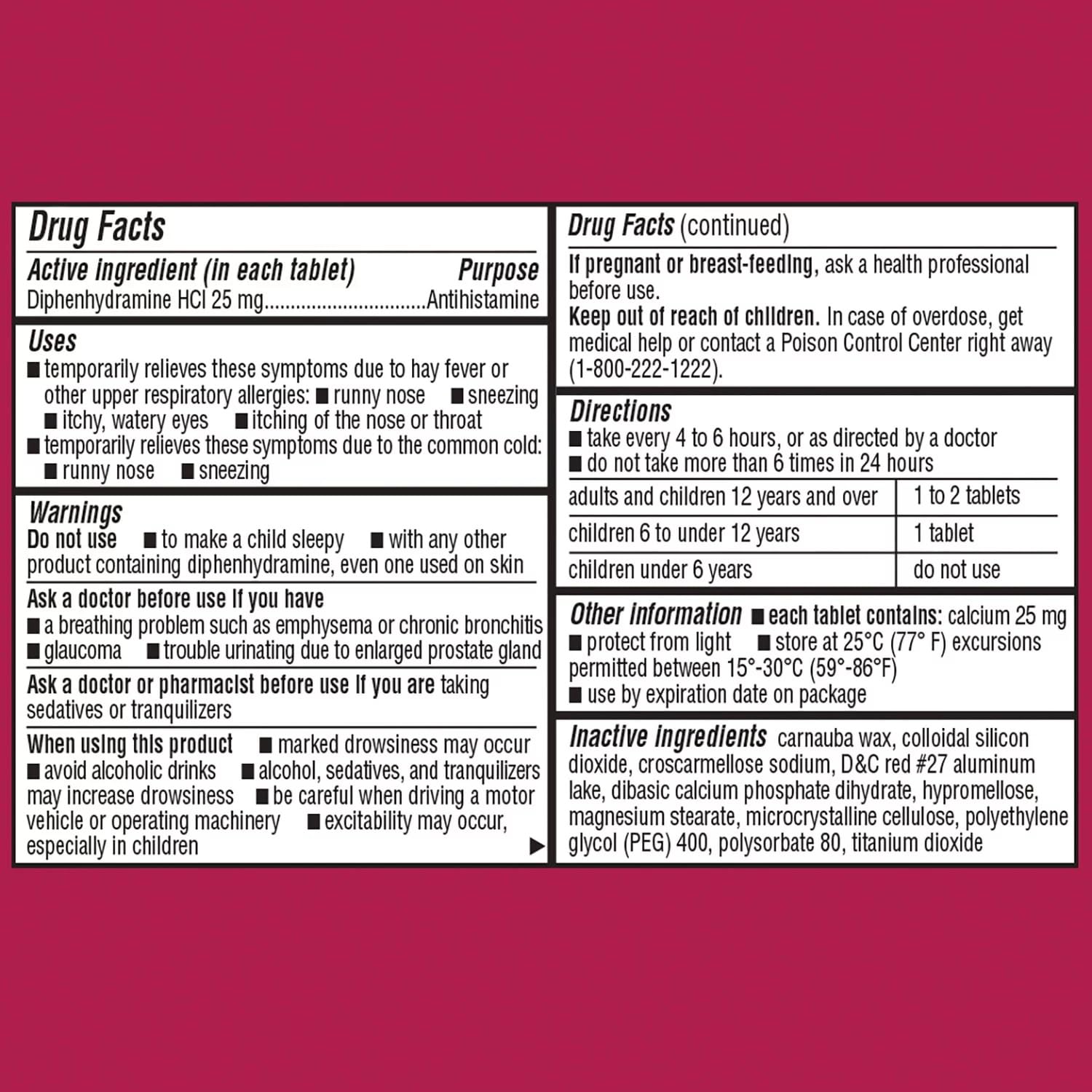 Vista cercana de tabletas de difenhidramina 25 mg para alergias.