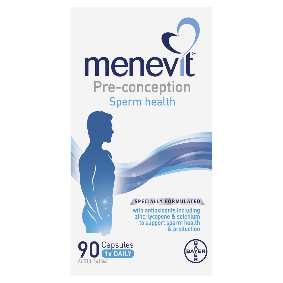 Menevit 90 cápsulas: bote compacto para apoyar la salud reproductiva masculina.