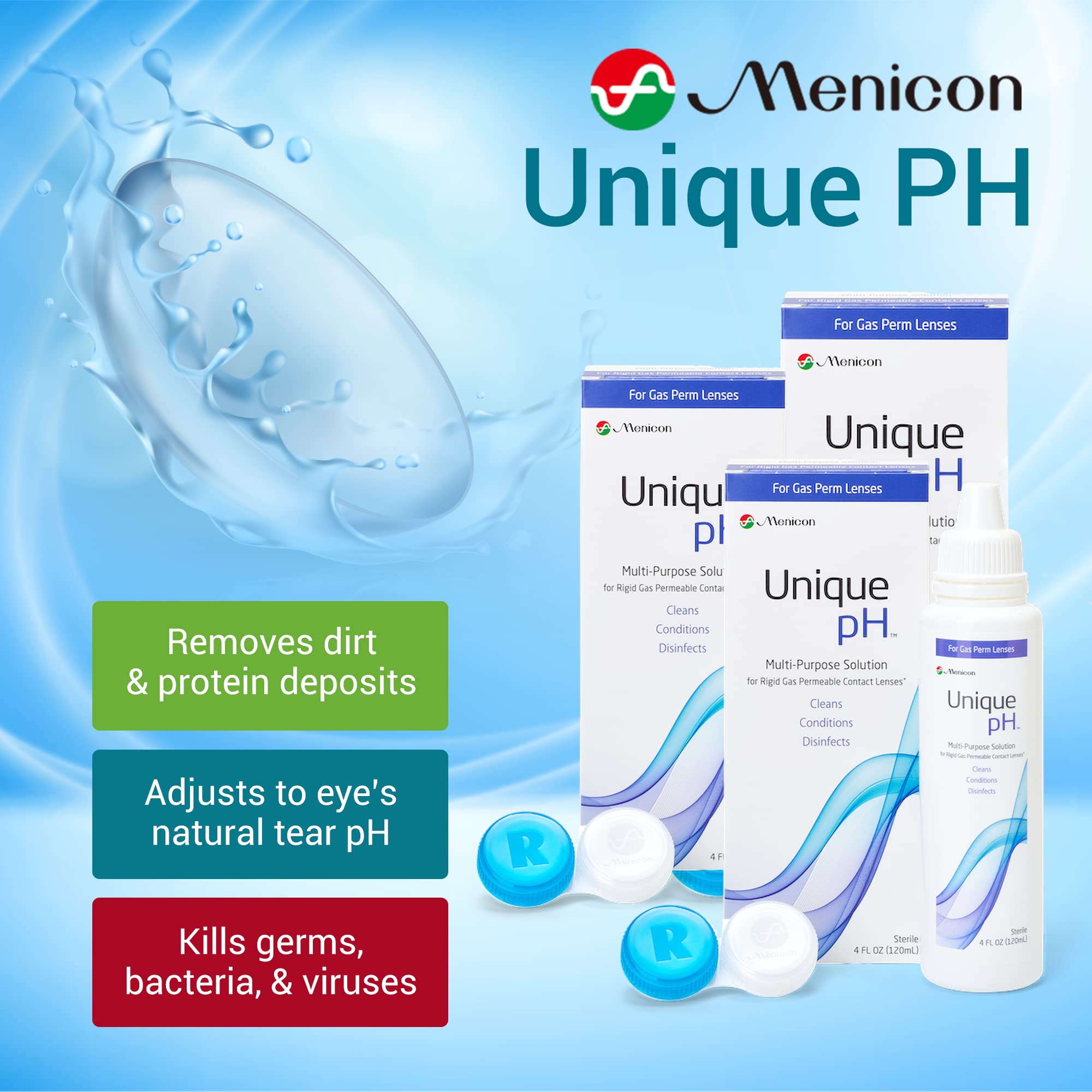 Menicon Unique pH: acondicionamiento cómodo que mejora la humectación de las lentes.