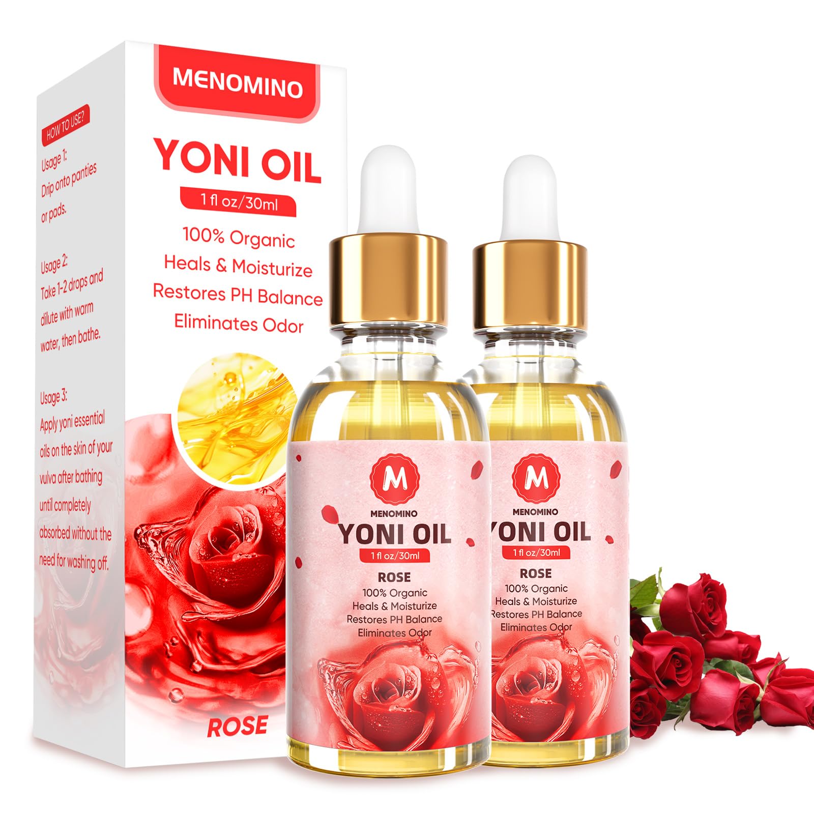 MENOMINO aceite Yoni rosa: botella elegante para cuidado íntimo suave.