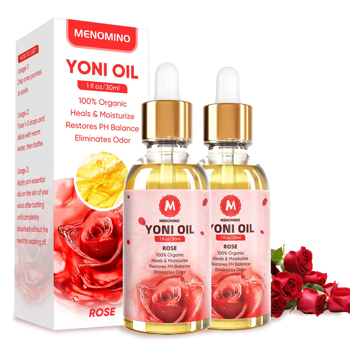 MENOMINO aceite Yoni rosa: botella elegante para cuidado íntimo suave.