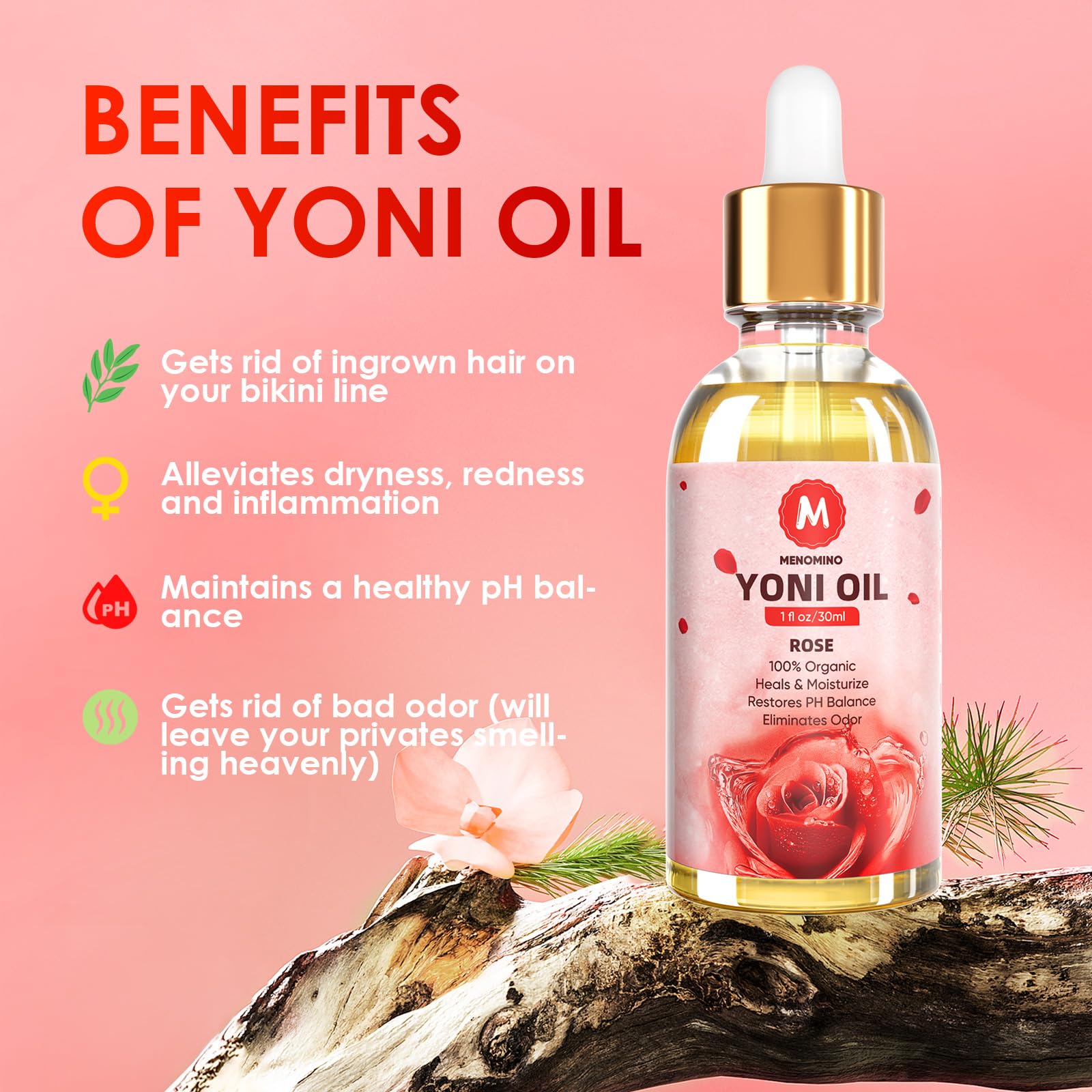MENOMINO aceite Yoni rosa: envase compacto ideal para viaje.