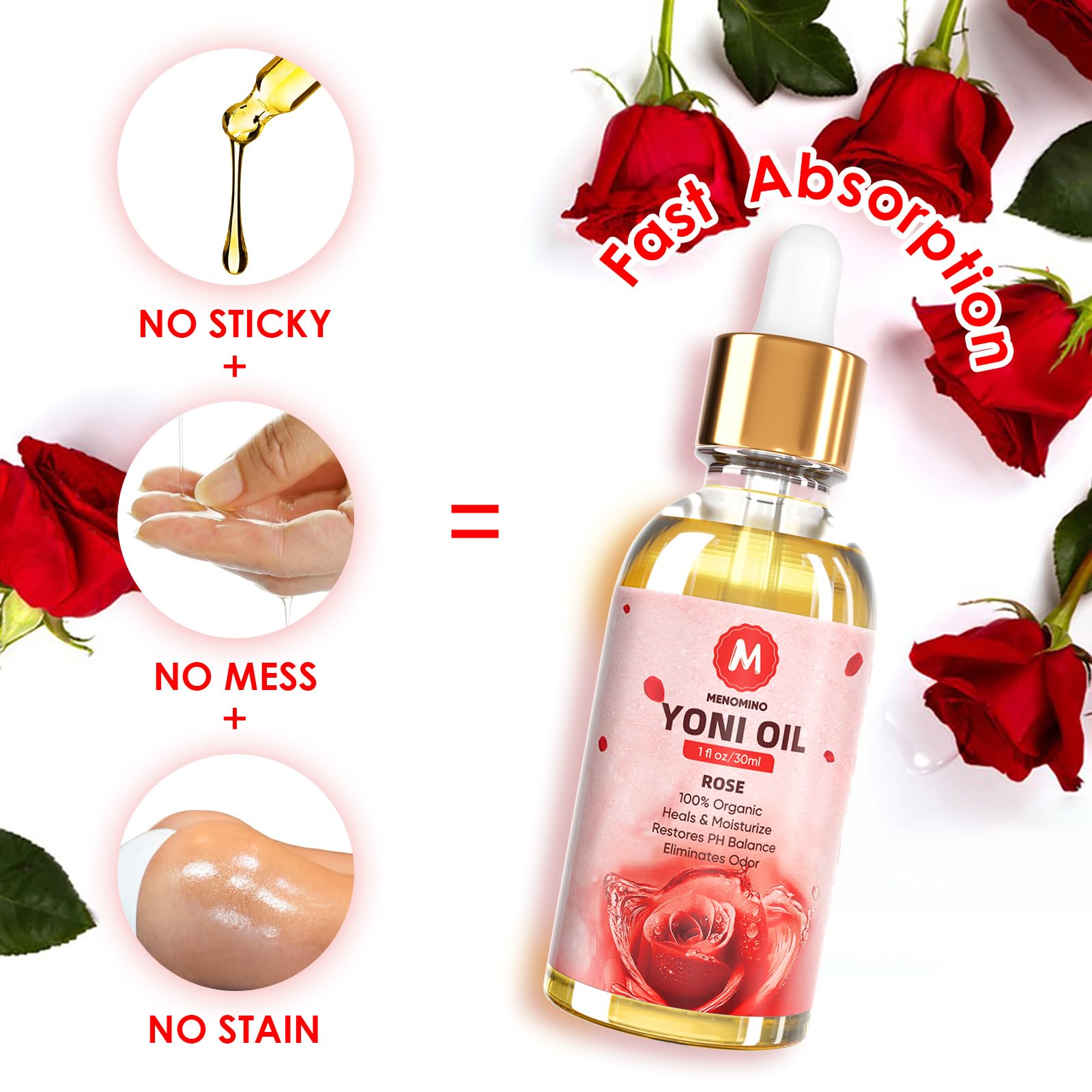 MENOMINO aceite Yoni rosa: ingredientes naturales para cuidado diario.