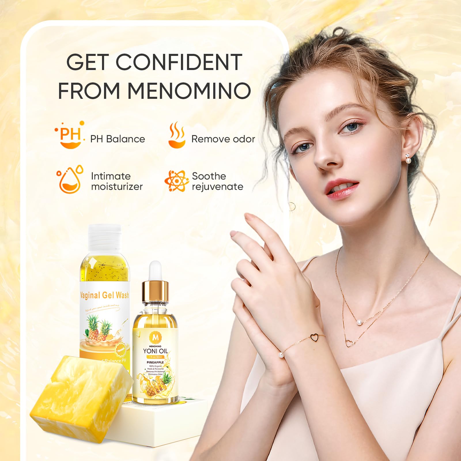 Menomino Yoni Pack, envase y etiqueta atractiva para una experiencia práctica.
