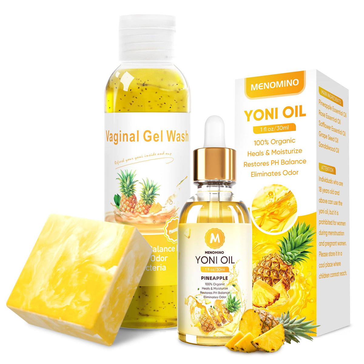Menomino Yoni Wash botella Piña, equilibrio de pH suave para uso diario.