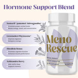 MenoRescue etiqueta detalle, claridad de ingredientes y beneficios para la salud femenina.