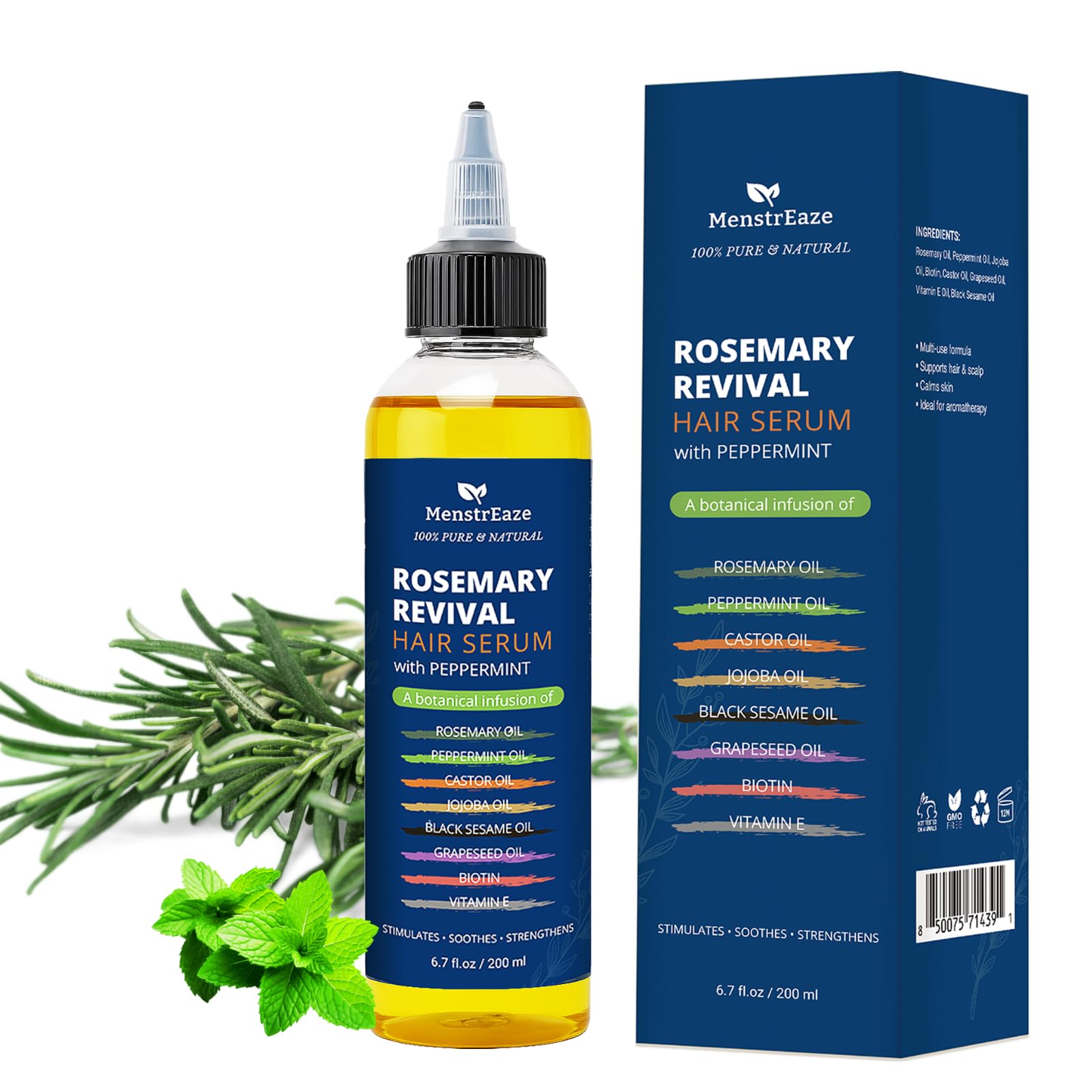 MenstrEaze aceite capilar romero-menta-ricino en botella de 200 ml para revitalizar el cuero cabelludo.