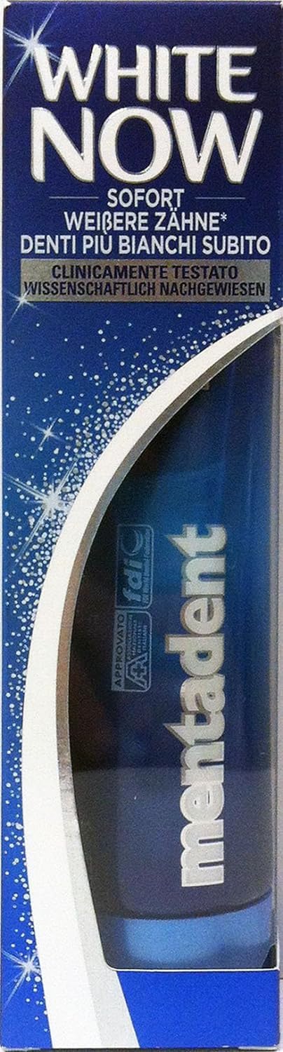 Mentadent dentífrico blanco ahora, tubo de 75 ml con blanqueamiento inmediato.