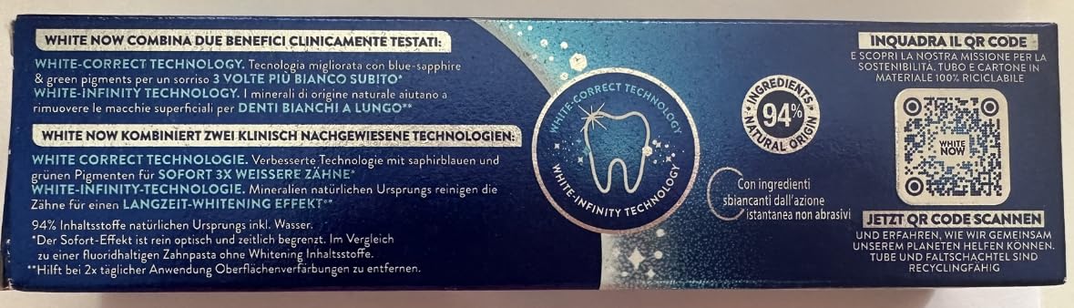 Mentadent dentífrico blanco ahora, efecto inmediato tras cepillado.