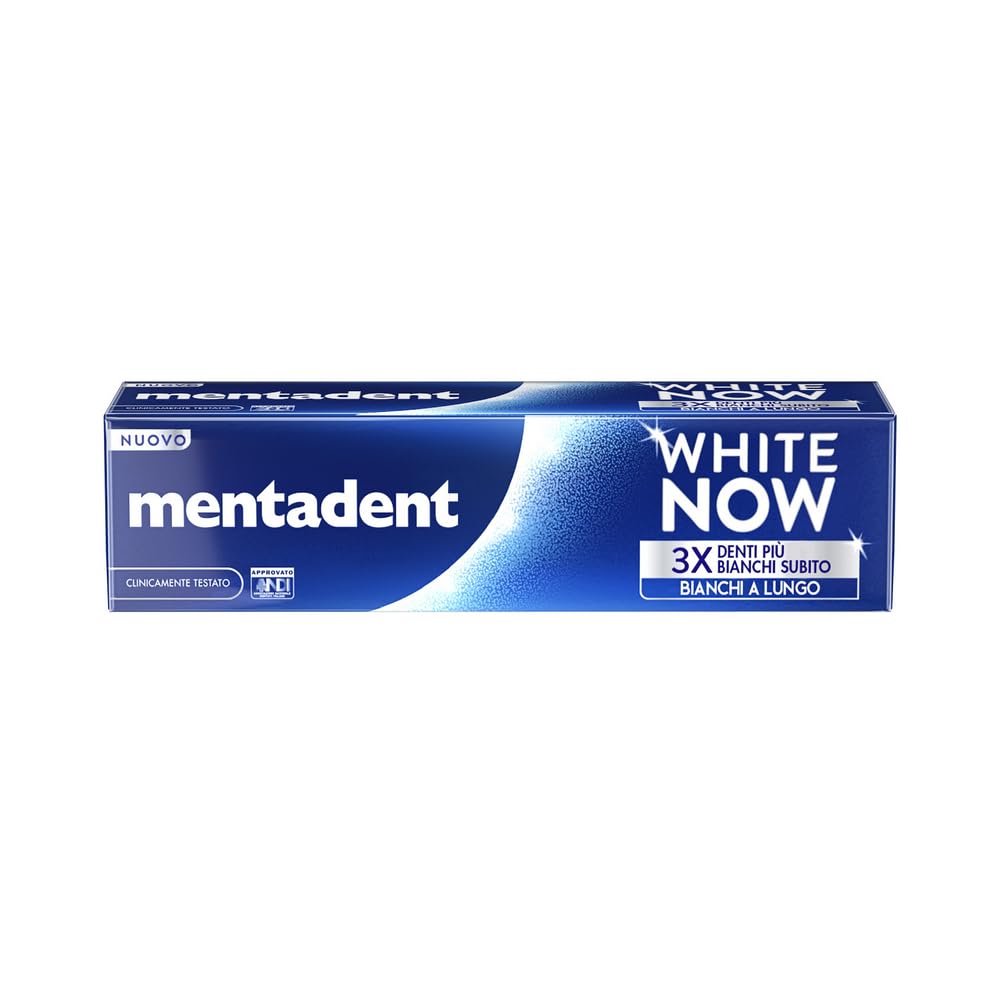 Mentadent dentífrico blanco ahora, luz azul visible para efecto blanqueante.