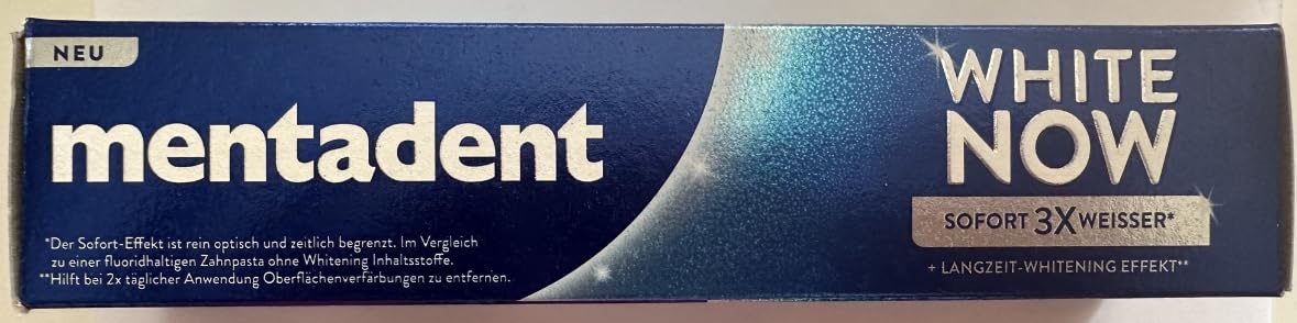 Mentadent dentífrico blanco ahora, progreso de blanqueamiento con uso continuo.