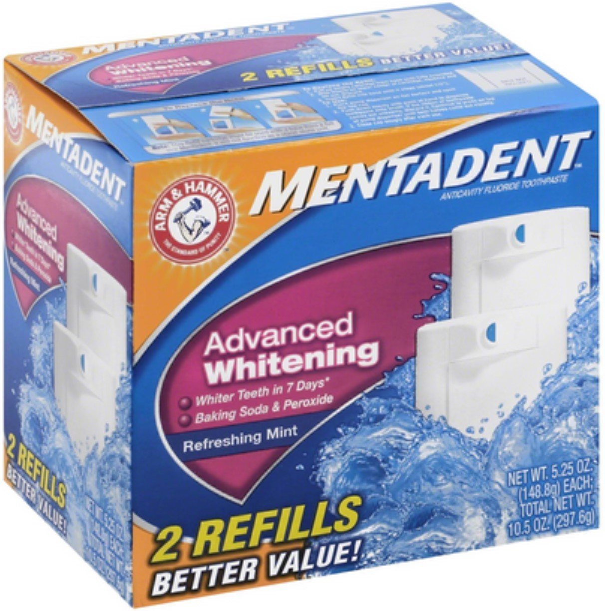 Mentadent pasta dental blanqueadora de menta, cuidado bucal y aliento fresco.