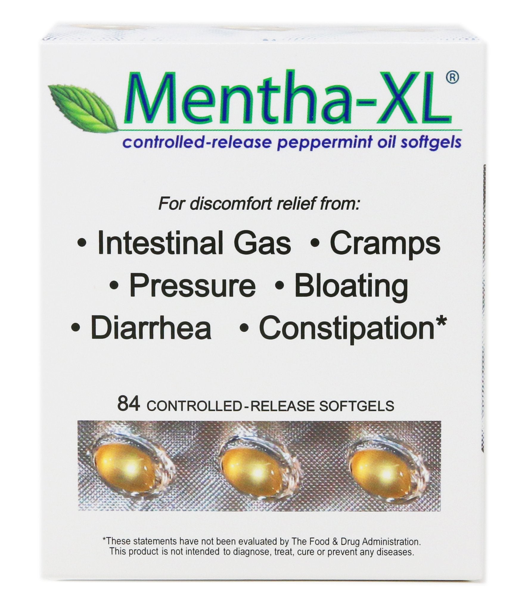 Mentha-XL, cápsulas suaves, frasco visto de frente para cuidado digestivo diario.