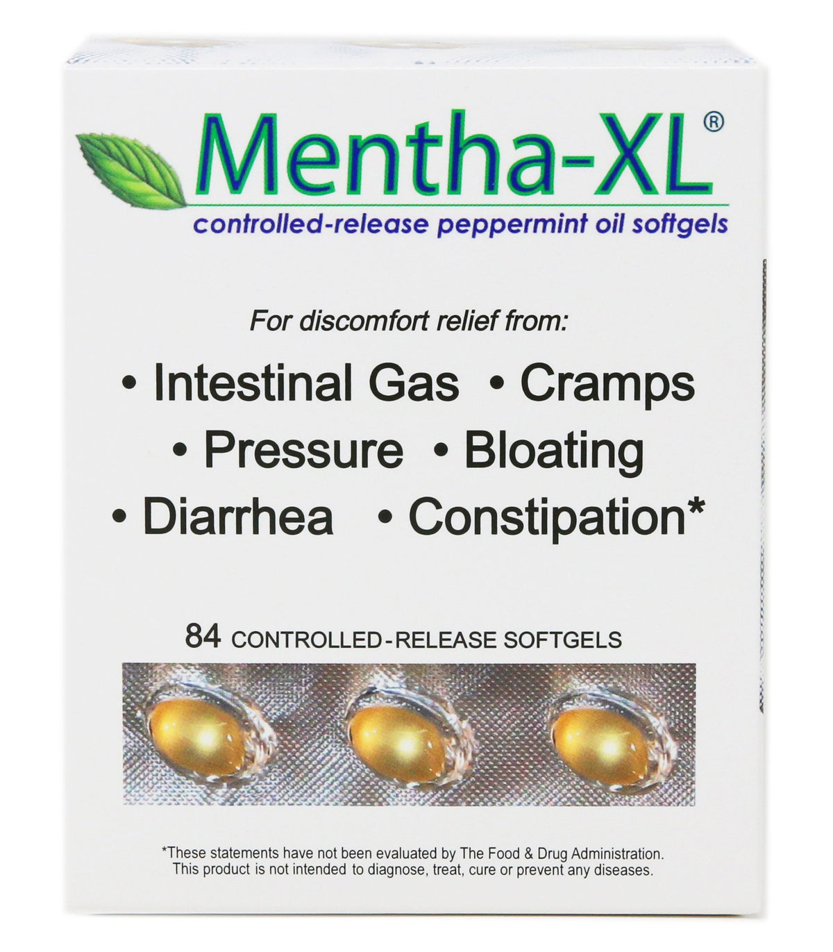 Mentha-XL, cápsulas suaves, frasco visto de frente para cuidado digestivo diario.