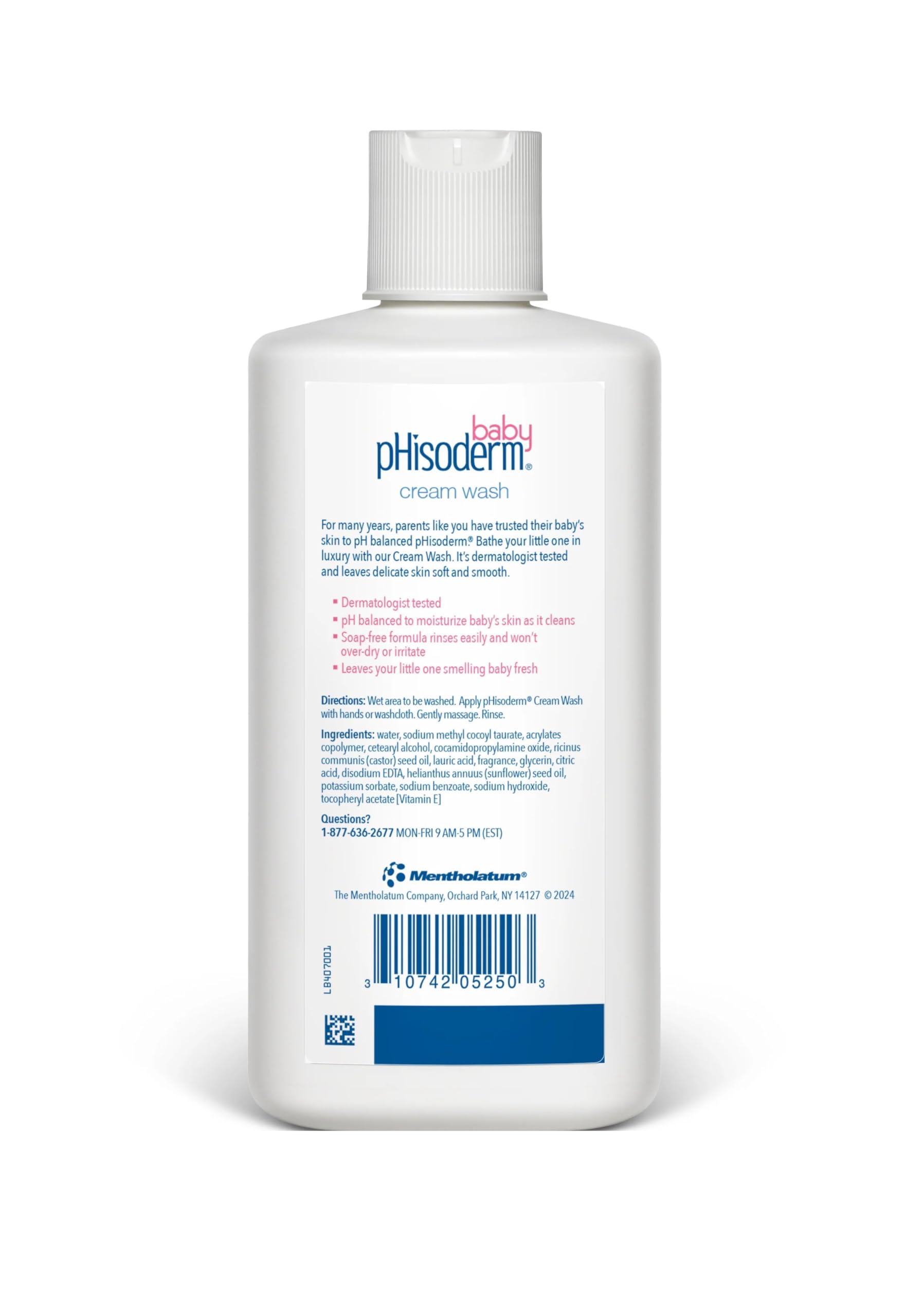 Mentholatum PHISODERM Lavado cremoso para bebé, piel suave tras el baño, sensación fresca